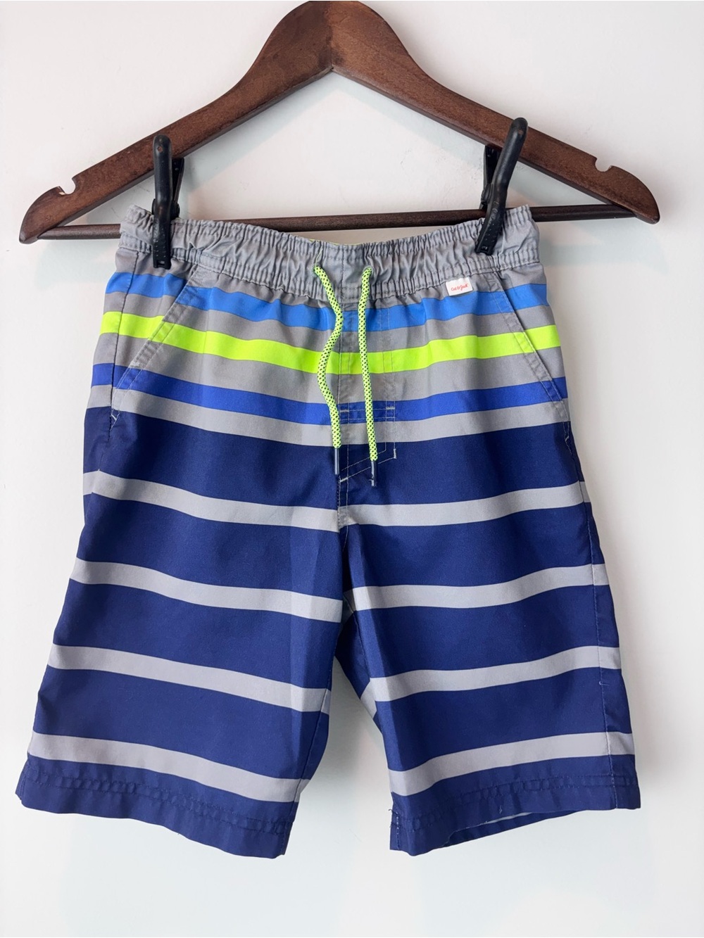 Cat & Jack Boys Swim Trunks M 8/10 Blue Gray Neon Green Striped Drawstring